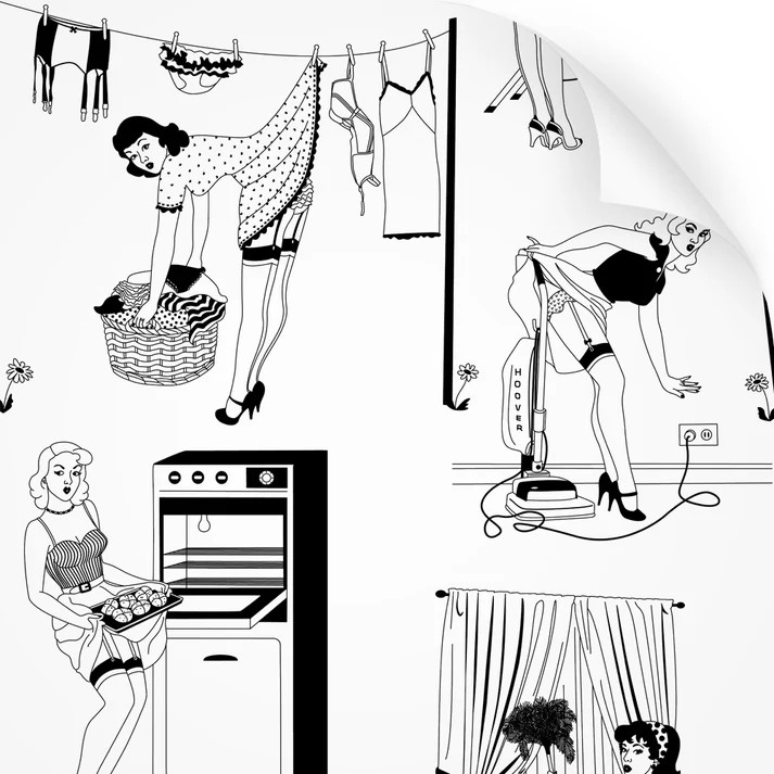 Dupenny 50s Housewives Black & White Wallpaper  Dupenny 50s Housewives Black & White Wallpaper